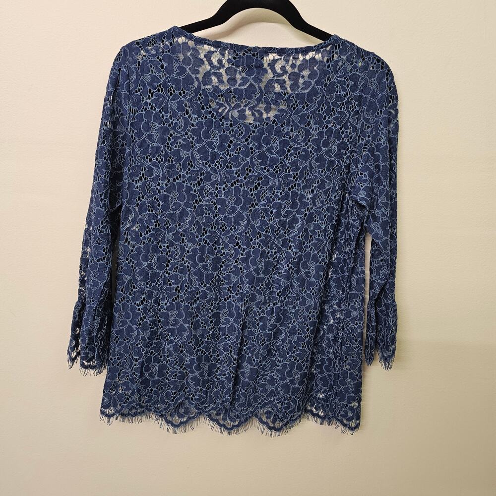 Petite Small Blue Floral Lace Top Eyelash Fringe Hem Crochet Blouse | Rafaella - Picture 5 of 6
